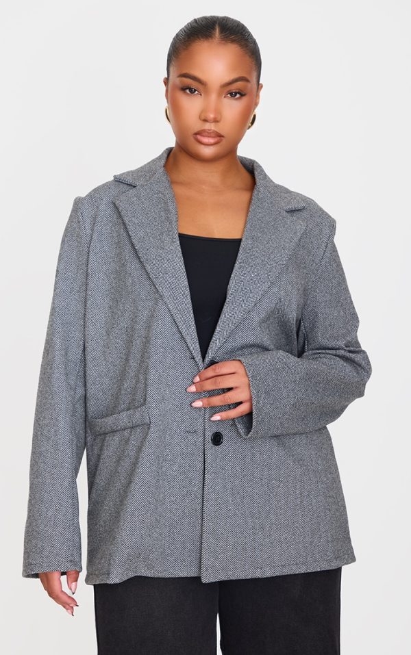 Plus Grey Herringbone Tailored Blazer