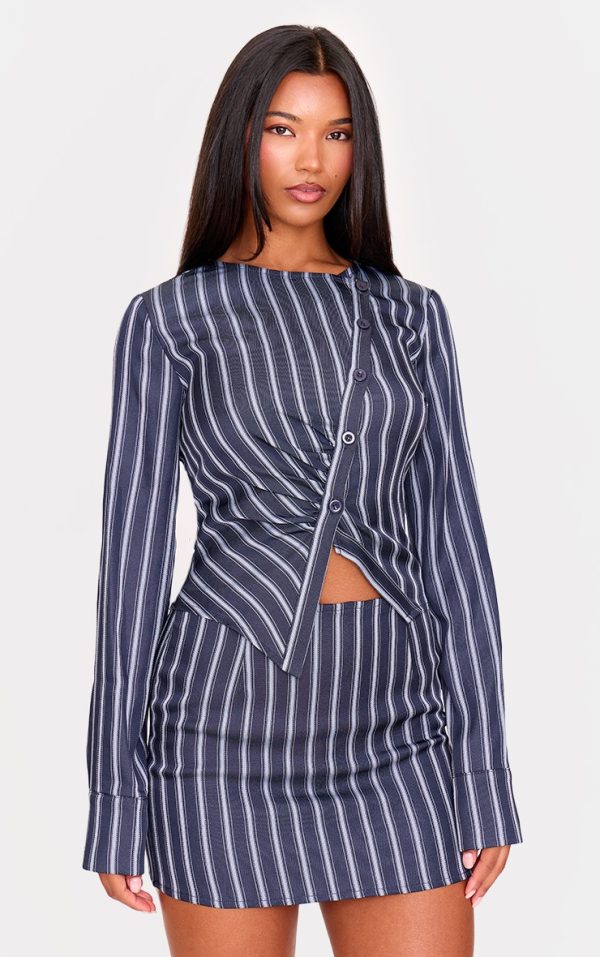 Navy Woven Tailored Striped Ruched Shirt