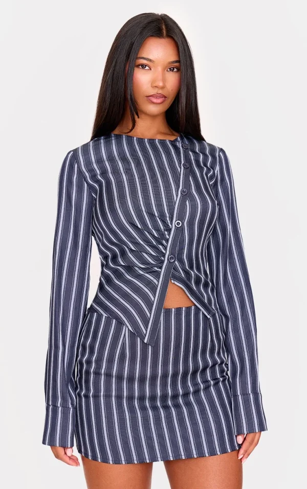 Navy Woven Tailored Striped Ruched Shirt