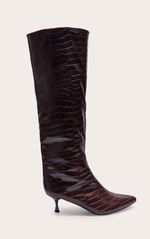 Burgundy Croc PU Point Toe Low Heel Knee High Boots