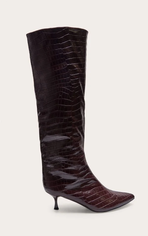 Burgundy Croc PU Point Toe Low Heel Knee High Boots
