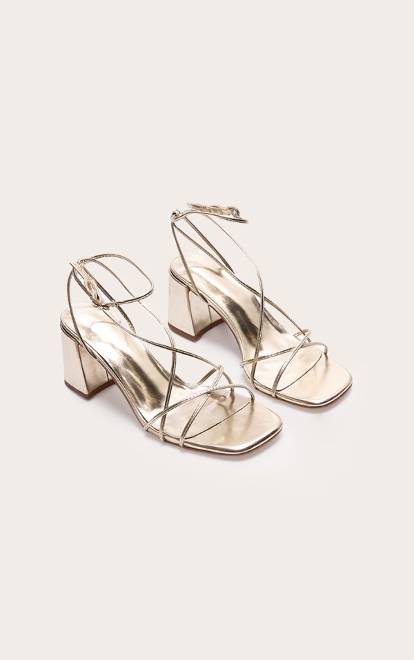Gold PU Round Toe Strappy Mid Block Heel Sandals
