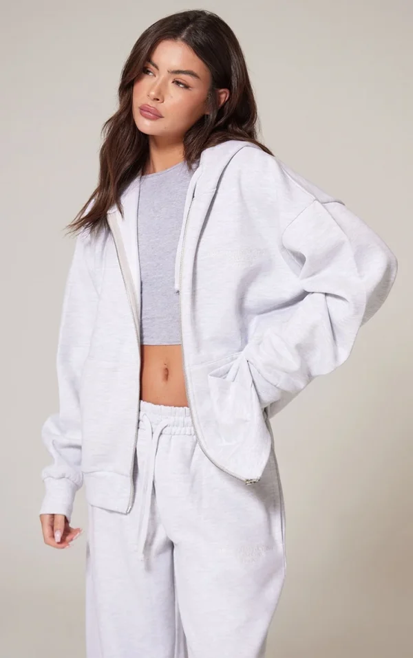 PRETTYLITTLETHING Ash Grey Premium Embroidered Zip Front Oversized Hoodie