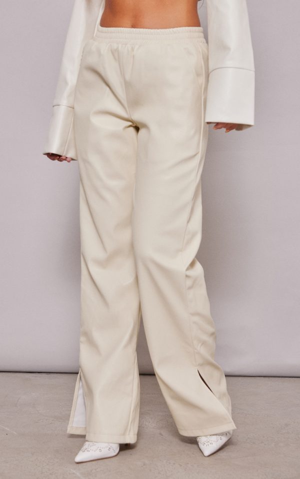 Cream Faux Leather Elasticated Waist Straight Leg Pants