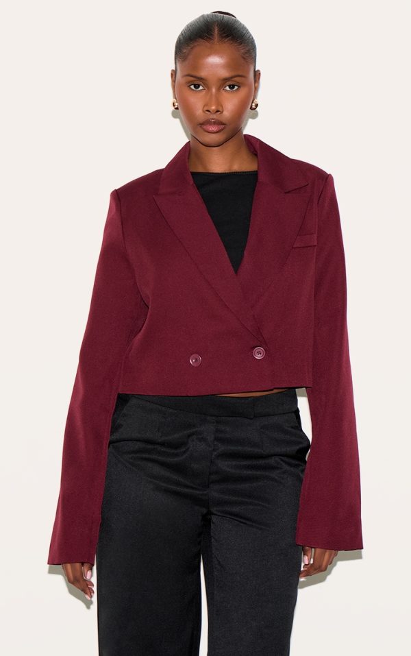 Burgundy Woven Cropped Shoulder Padded Blazer