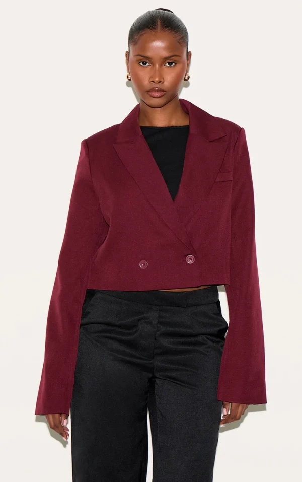 Burgundy Woven Cropped Shoulder Padded Blazer