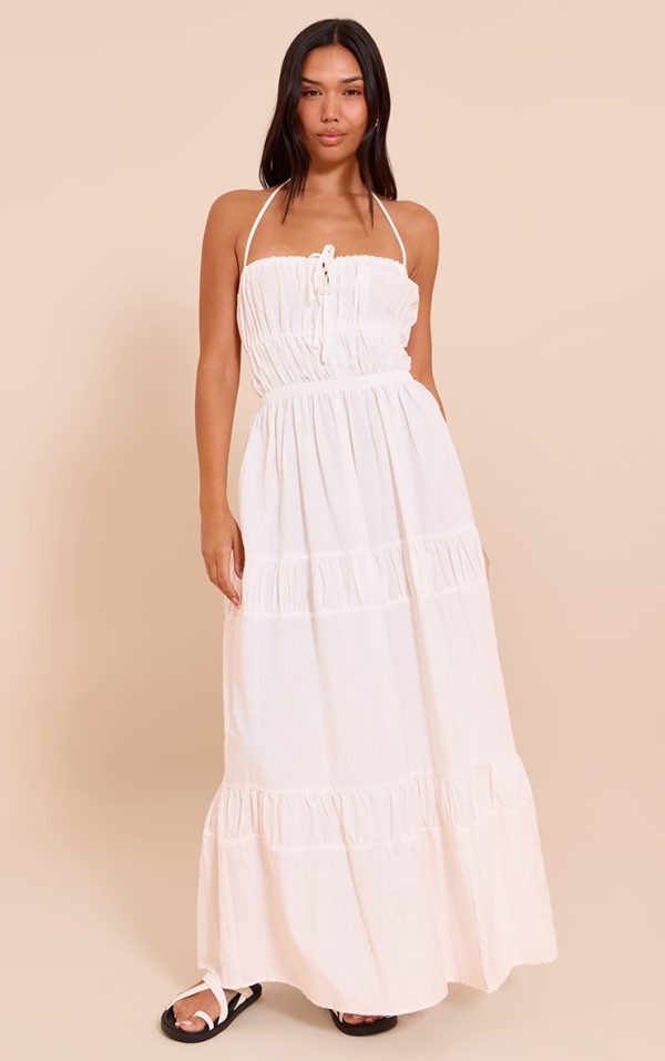 White Ruched Backless Strappy Maxi Dress