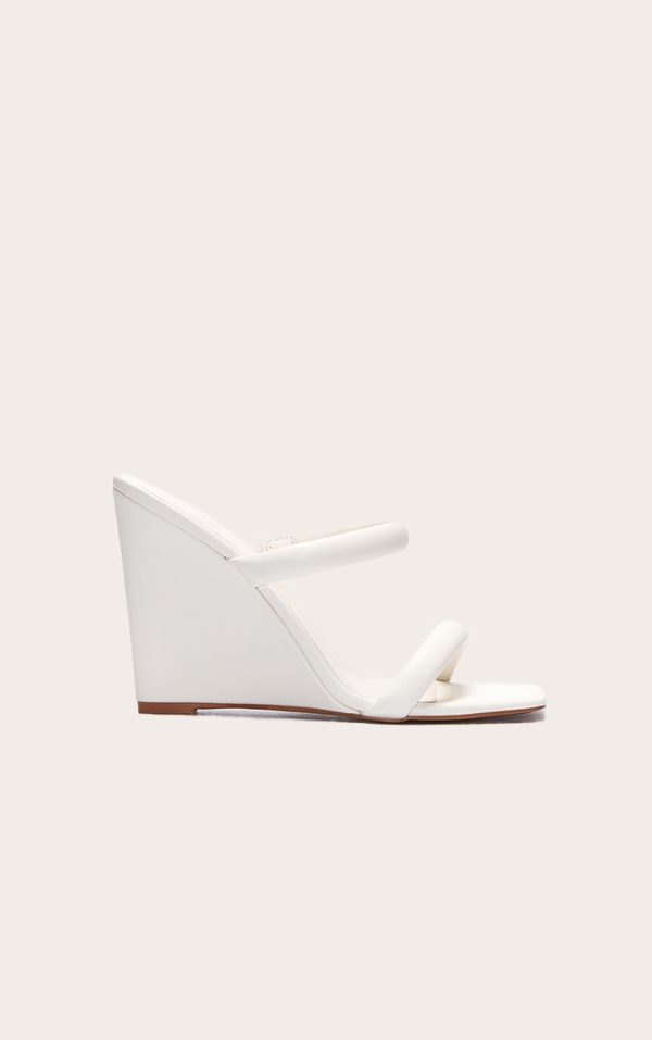 Cream Pu Square Toe High Heeled Mule Wedges