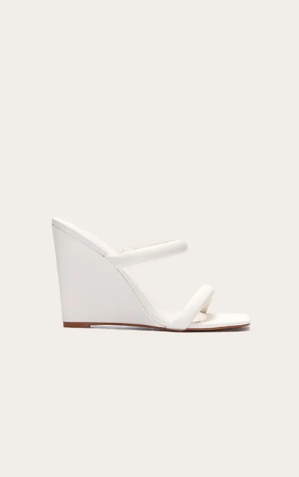 Cream Pu Square Toe High Heeled Mule Wedges