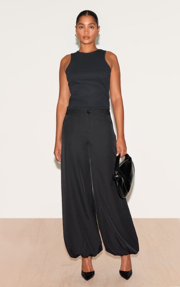 Black Woven Puffball Cuffed Pants