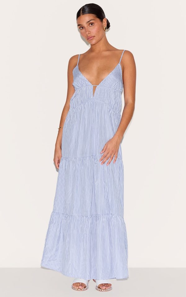 Petite Blue Strappy Pinstripe Tiered Maxi Dress