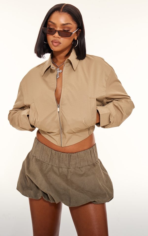 Olive Canvas Collar Detail Zip Up Jacket