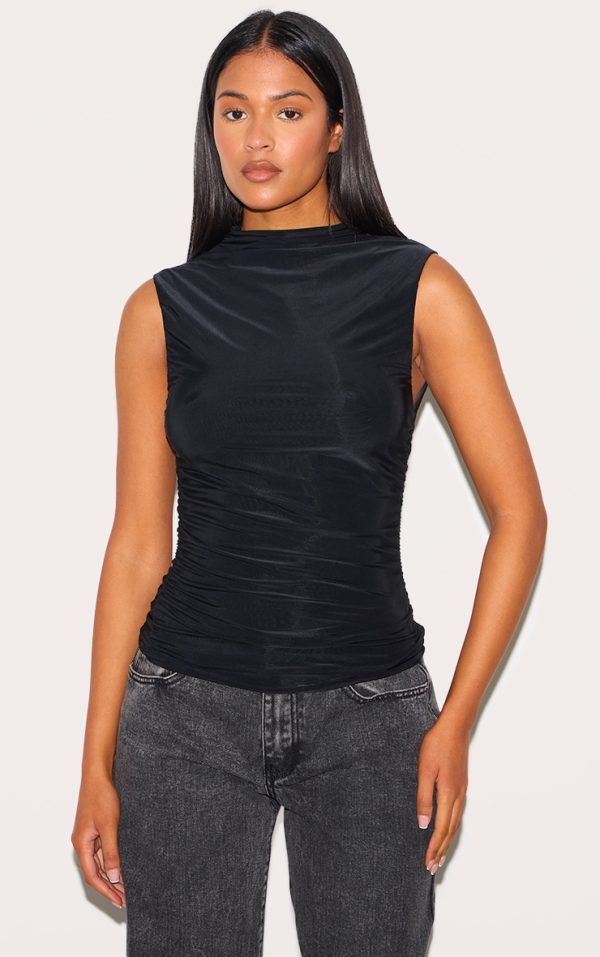 Tall Black Double Layer Slinky Ruched Long Top