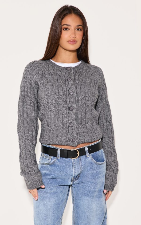 Charcoal Cable Knit Button Up Cardigan