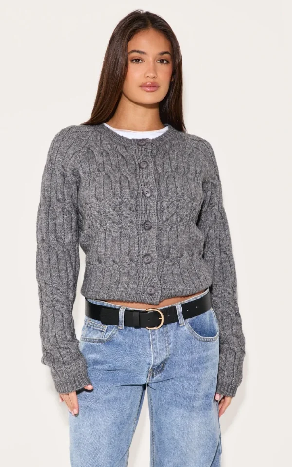 Charcoal Cable Knit Button Up Cardigan