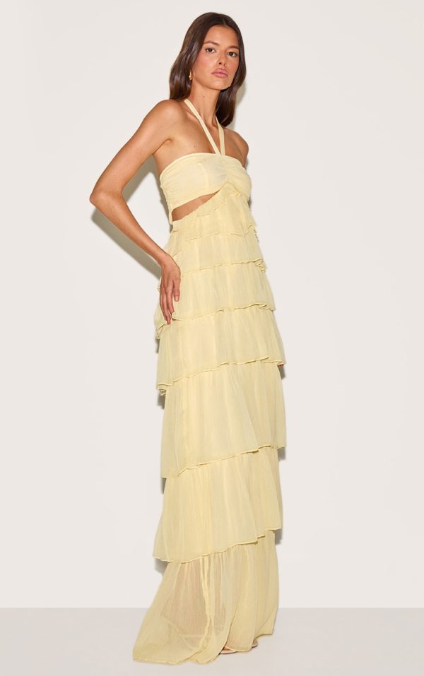 Lemon Ruched Bust Frill Tiered Maxi Dress