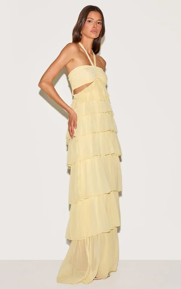 Lemon Ruched Bust Frill Tiered Maxi Dress