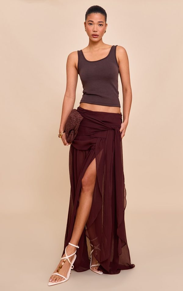 Dark Chocolate Chiffon Lined Tie Front Maxi Skirt