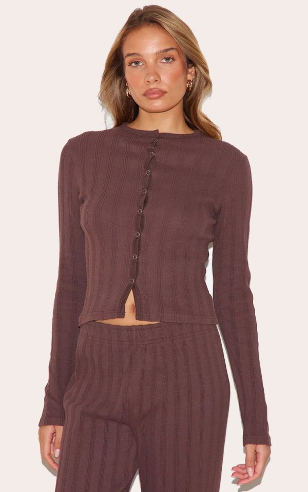 Dark Brown Rib Popper Fitted Long Sleeve Long Top