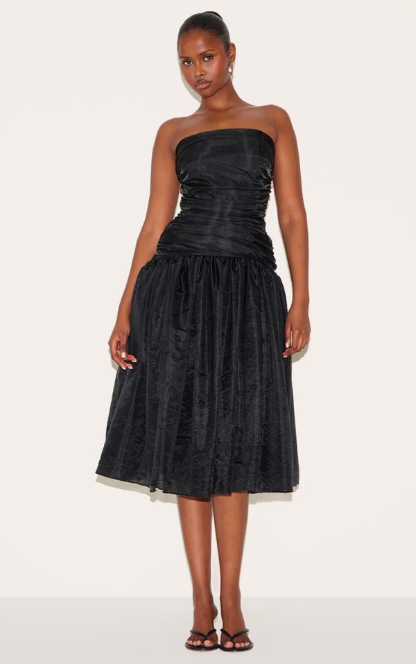 Black Organza Ruched Bodice Midi Dress