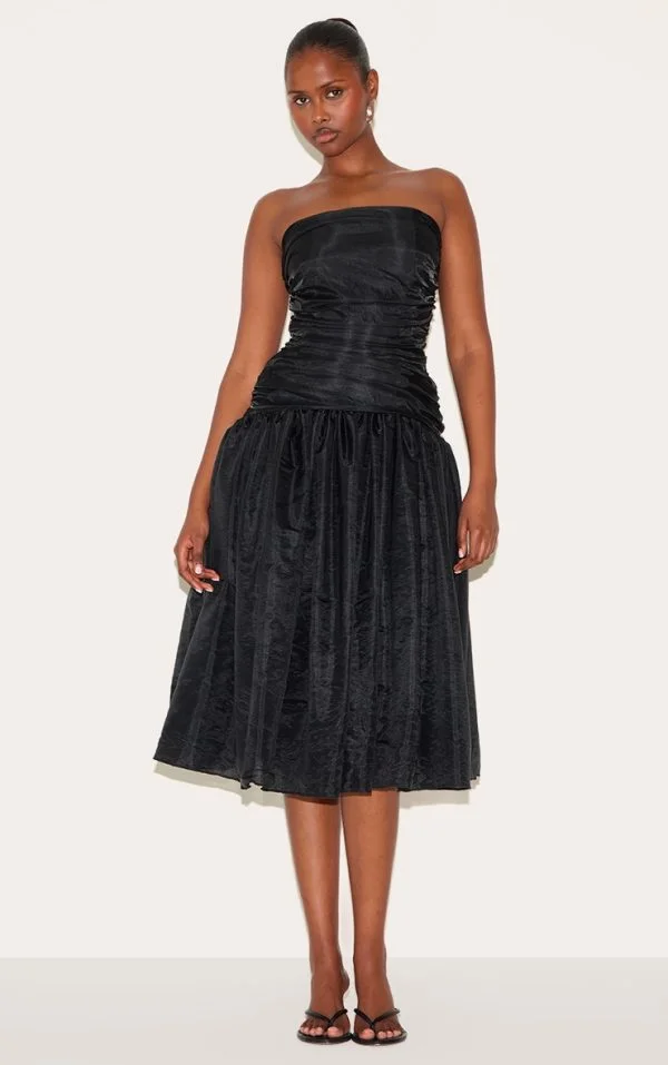 Black Organza Ruched Bodice Midi Dress