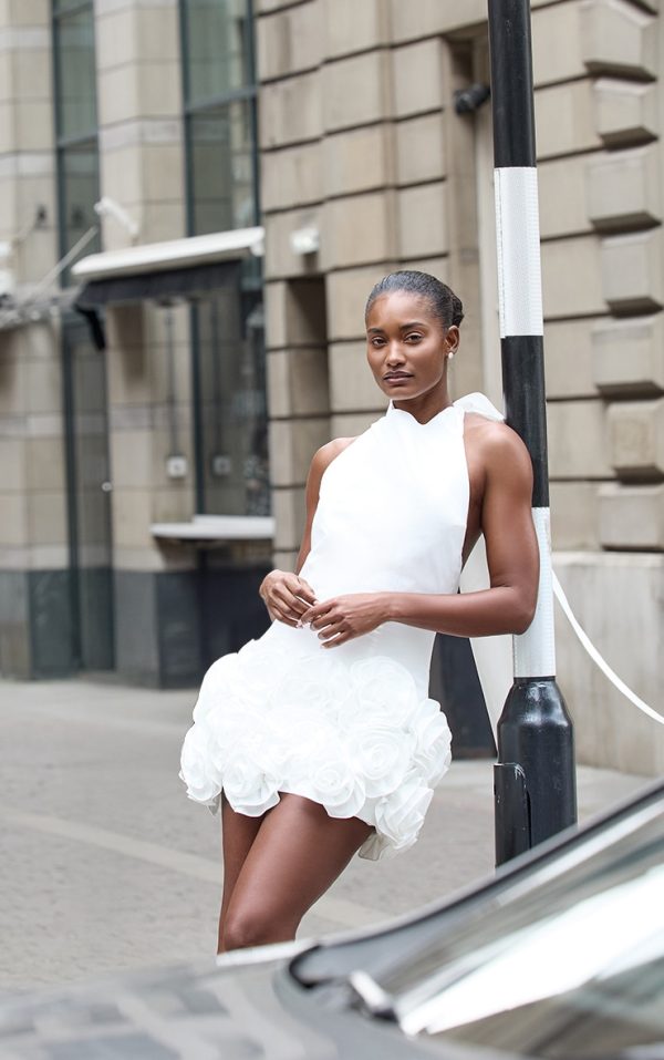 Premium White Woven Floral Ruffle Detail High Neck Cowl Bodycon Dress