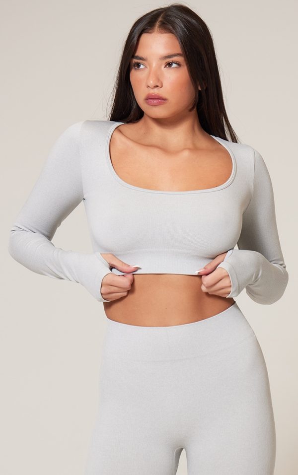 Grey Marl Seamless Square Neck Long Sleeve Gym Top