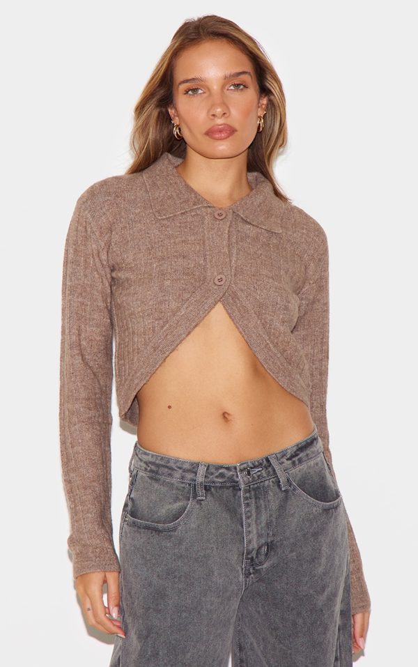 Chocolate Marl Soft Rib Knit Crop Collar Detail Top