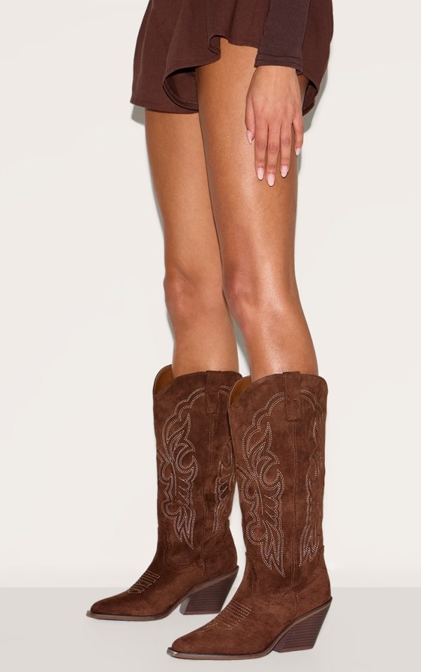 Chocolate Faux Suede Point Toe Calf High Western Boots