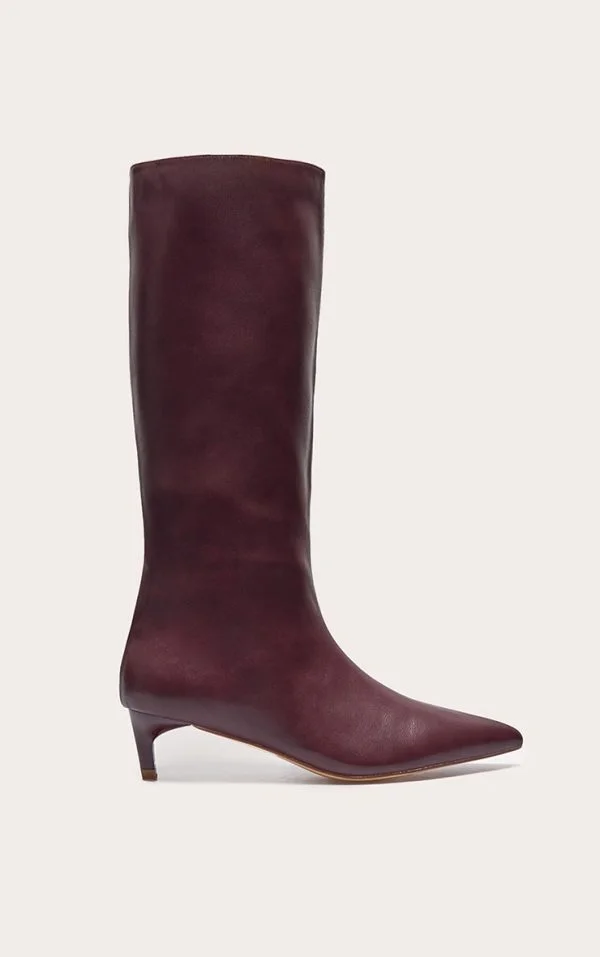 Plum PU Point Toe Low Stiletto Knee High Heeled Boots