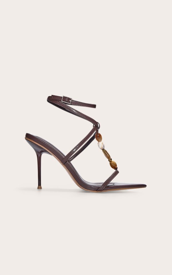 Chocolate Pu Square Toe Beaded Lace Up High Stiletto Heeled Sandals