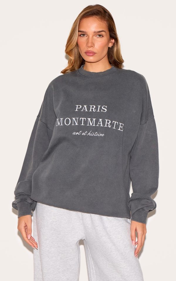 Charcoal Washed Paris Montmarte Print Oversized Sweatshirt