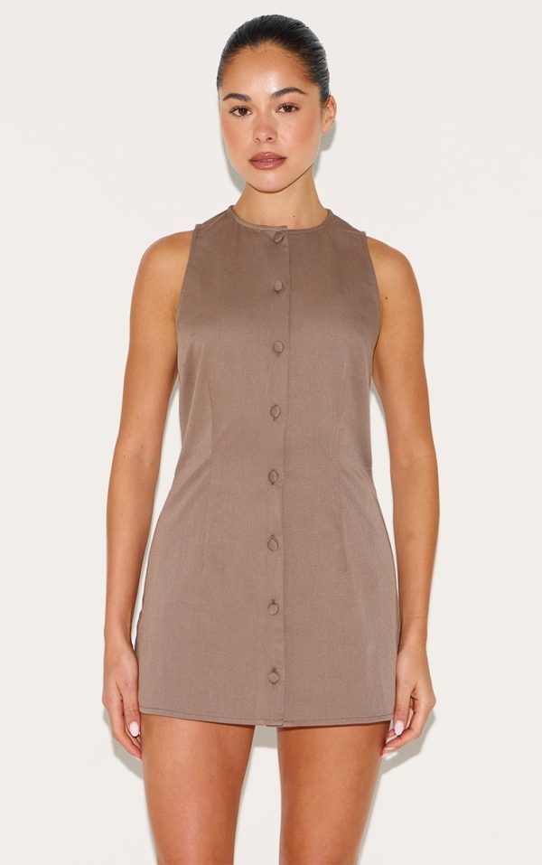 Mushroom Woven Full Button Down A Line Skort Romper