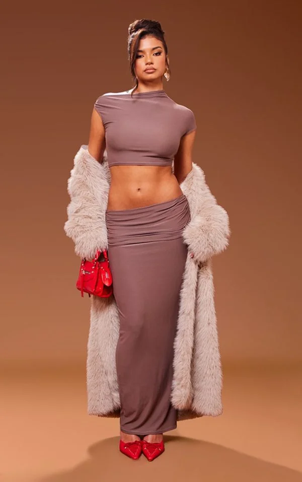 Mocha Soft Touch Asymmetric Fold Over Ruched Maxi Skirt