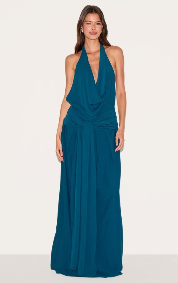 Teal Floaty Woven Cowl Neck Low Back Maxi Dress