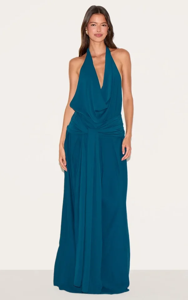Teal Floaty Woven Cowl Neck Low Back Maxi Dress