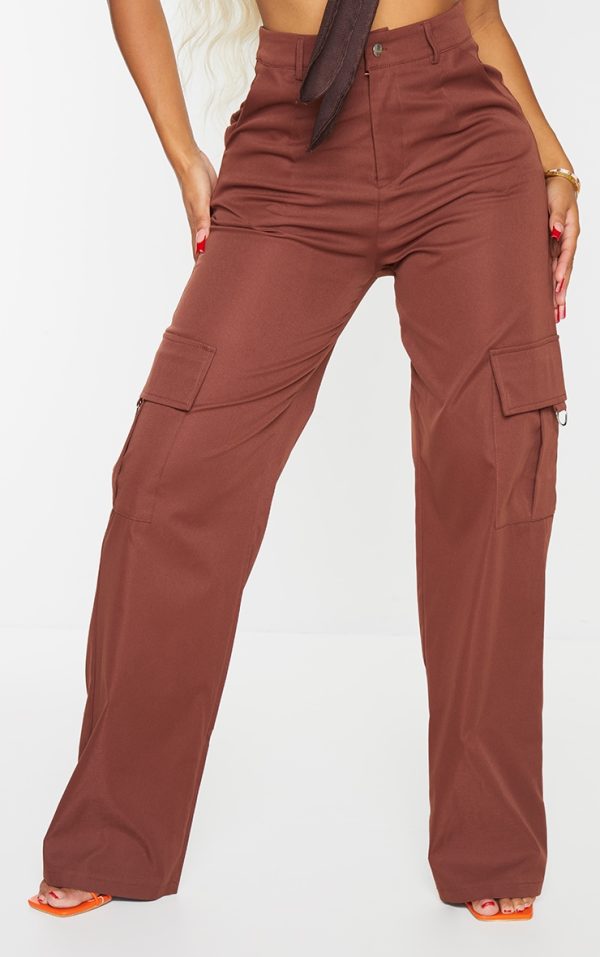 PRETTYLITTLETHING Shape Chocolate Brown Buckle Cargo Wide Leg Pants