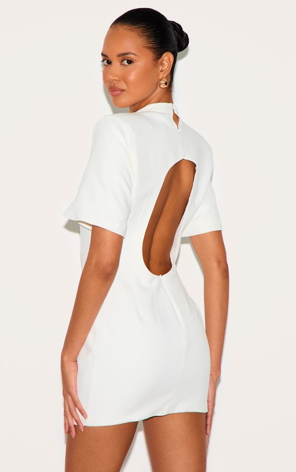 White Woven Cinched Backless Mini Dress