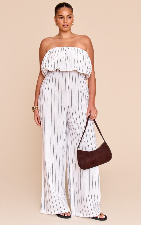 Plus Stone Stripe Textured Puffball Bandeau Straight Leg Jumpsuit