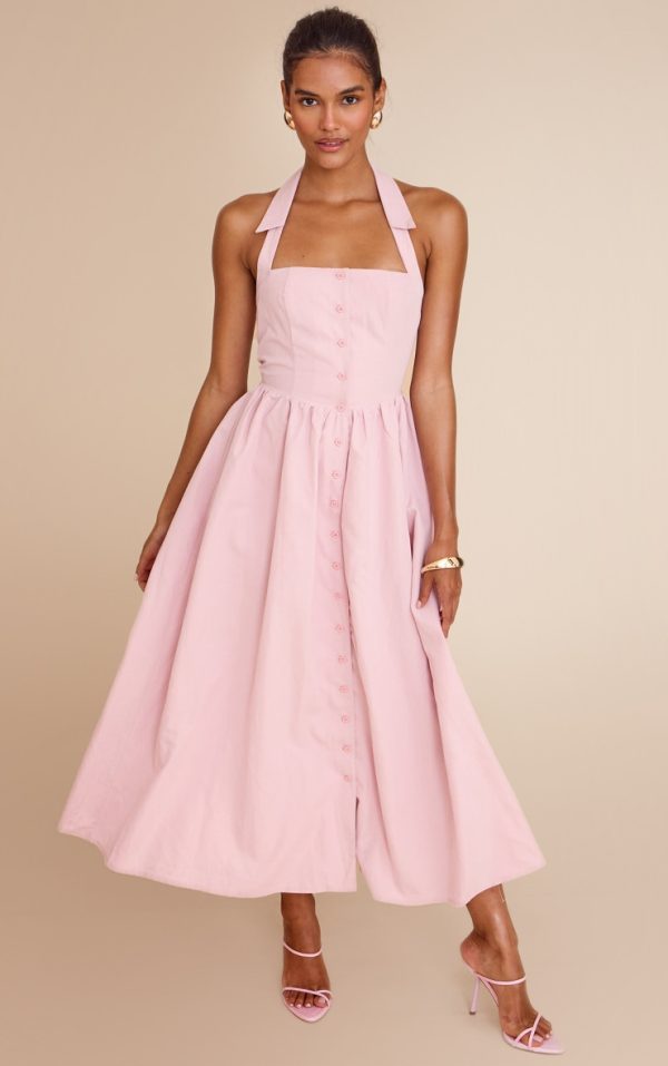 Dusty Pink Woven Button Collar Midaxi Dress