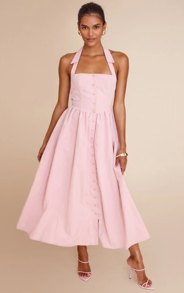 Dusty Pink Woven Button Collar Midaxi Dress