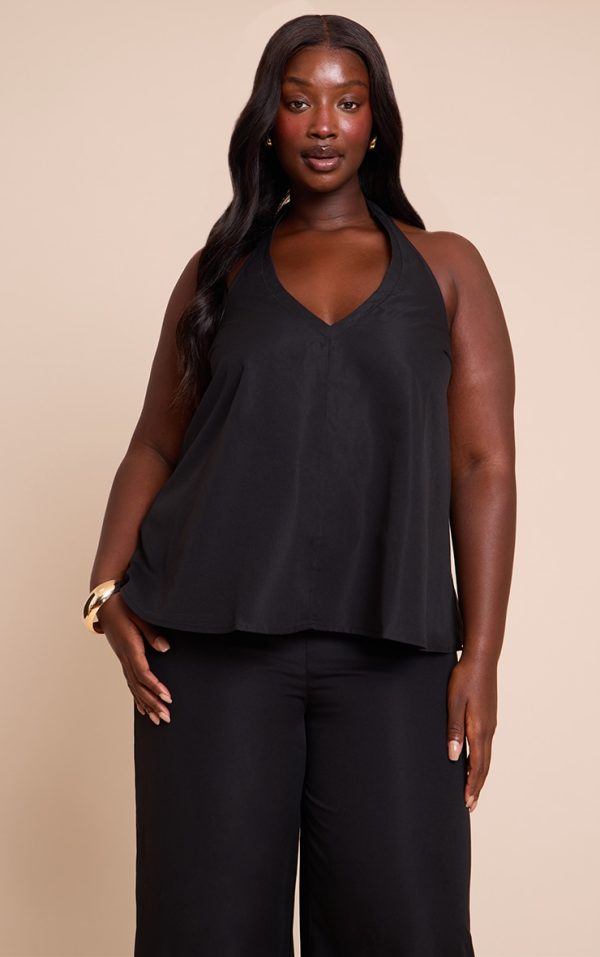 Plus Black Tailored Halter Frill Detail Top