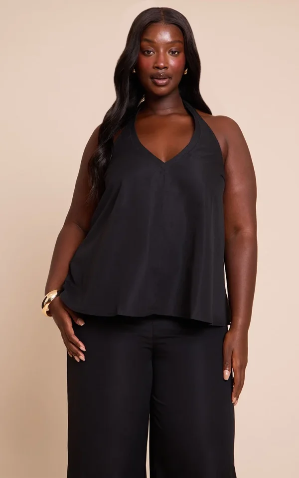 Plus Black Tailored Halter Frill Detail Top