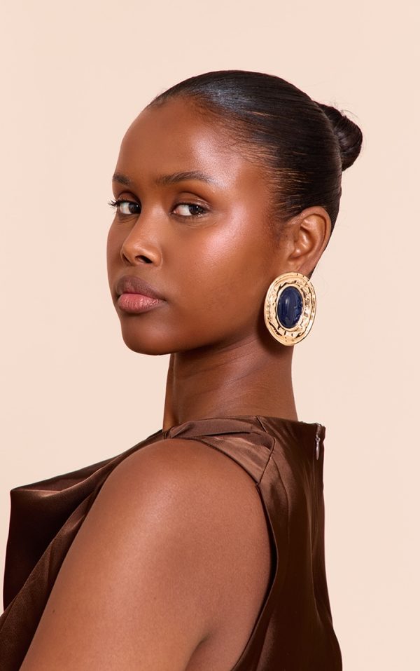 Gold Texture Navy Center Statement Earrings