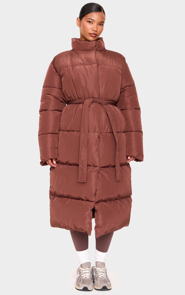 Mocha Quilted Longline Tie Waist Puffer Coat