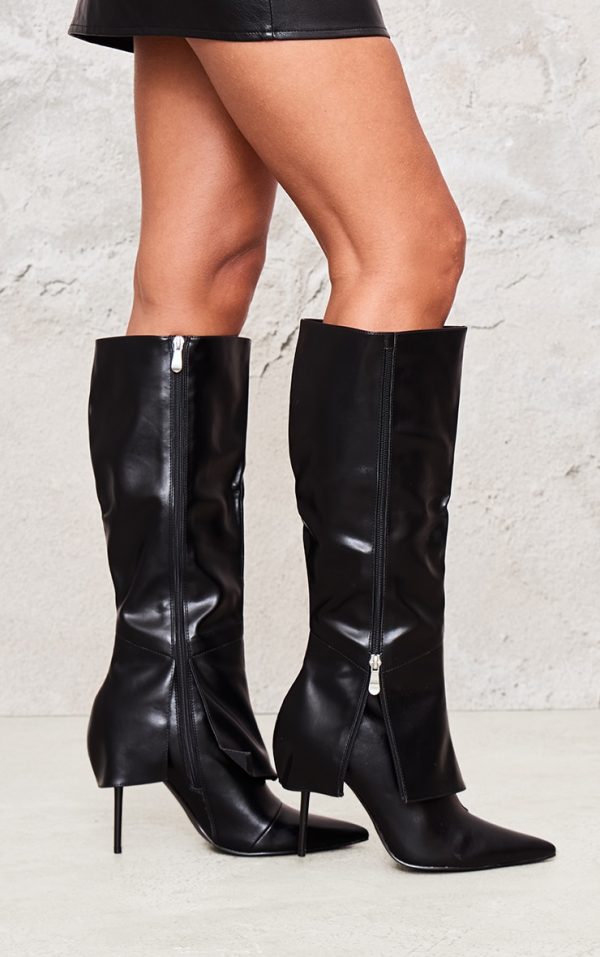 Black PU Point Toe Fold Over Zip Detail High Stiletto Heeled Boots