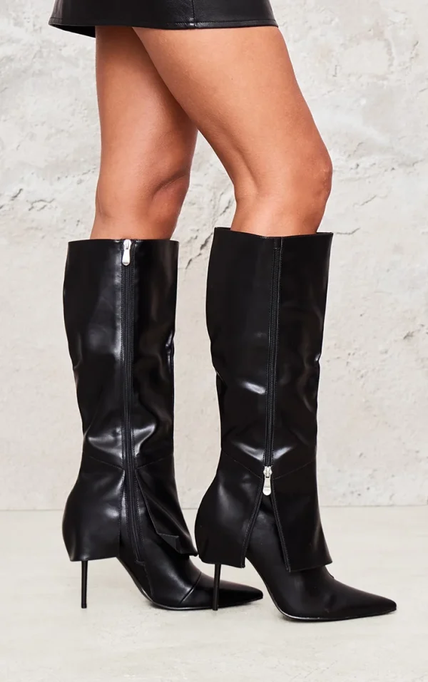 Black PU Point Toe Fold Over Zip Detail High Stiletto Heeled Boots