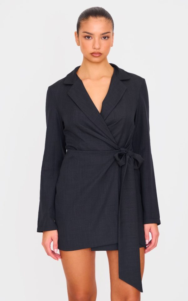 Black Woven Tie Wrap Blazer Dress