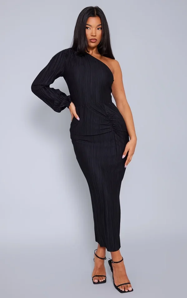 Black Plisse One Shoulder Ruched Midaxi Dress
