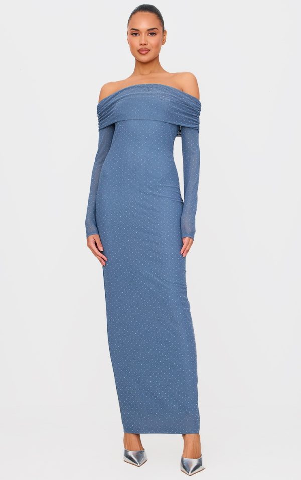 Steel Blue Diamante Bardot Long Sleeve Flare Sleeve Maxi Dress